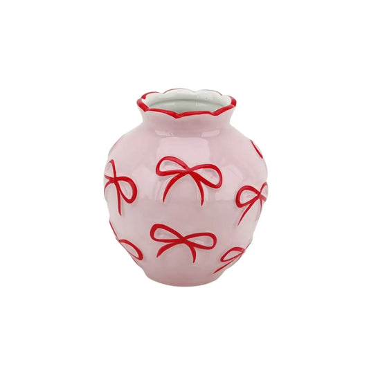 Vase - Flower Vase Ribbons - Light Pink/Red - 13x13x14cm