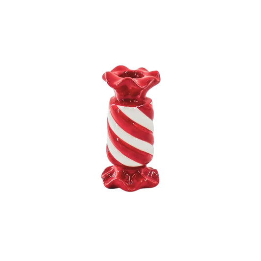 Candle Holder- Toffee Candy - Ceramic- Red/ White- 7,5x7,5x13 cm