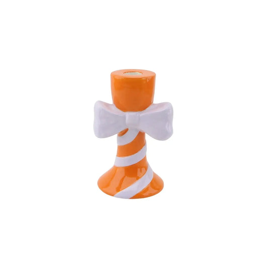 Candle Holder - Stripes with Bow - Orange/Lilac - 9x8x14cm